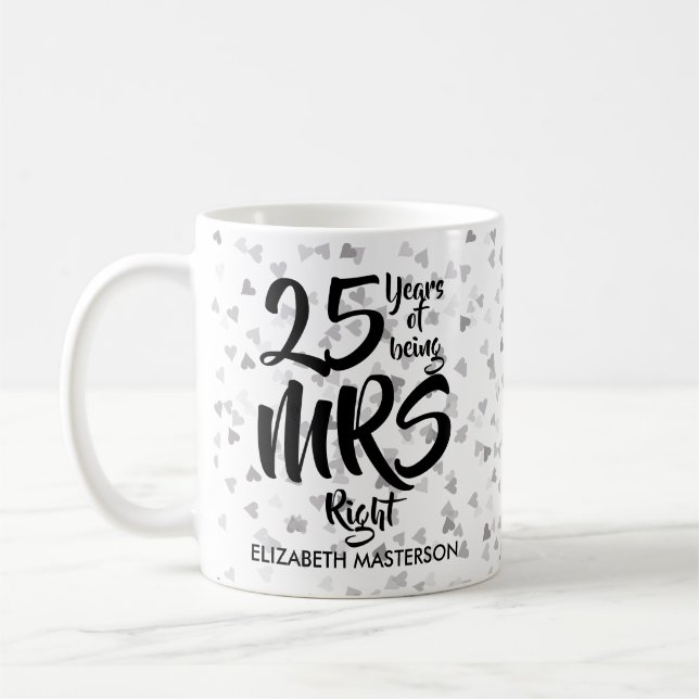 Mrs Right 25th Anniversary Silver Hearts Confetti Coffee Mug (Left)