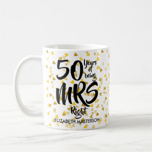 Mrs Right 50th Anniversary Gold Hearts Confetti Coffee Mug