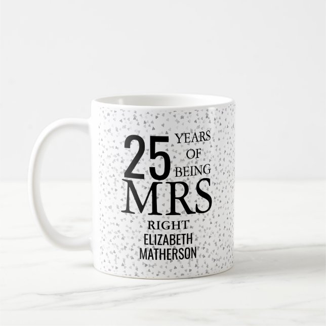 Mrs Right Fun 25th Anniversary Silver Hearts Coffee Mug (Left)