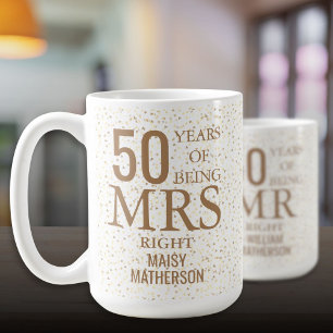 Mrs Right Fun 50th Wedding Anniversary Gold Hearts Coffee Mug