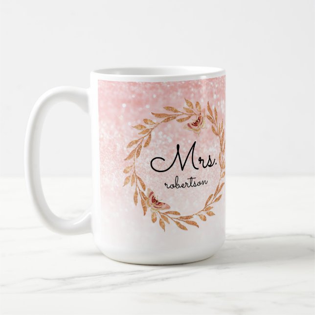 Mrs Rose Gold Butterfly Pink Glitter Bridal Shower Coffee Mug (Left)