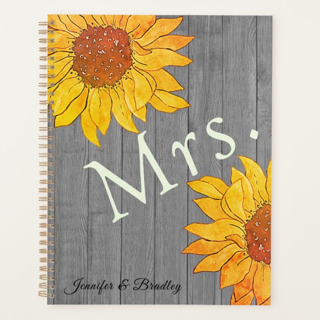  Mrs. Rustic Wood Gray Yellow Sunflower Planner (Front)