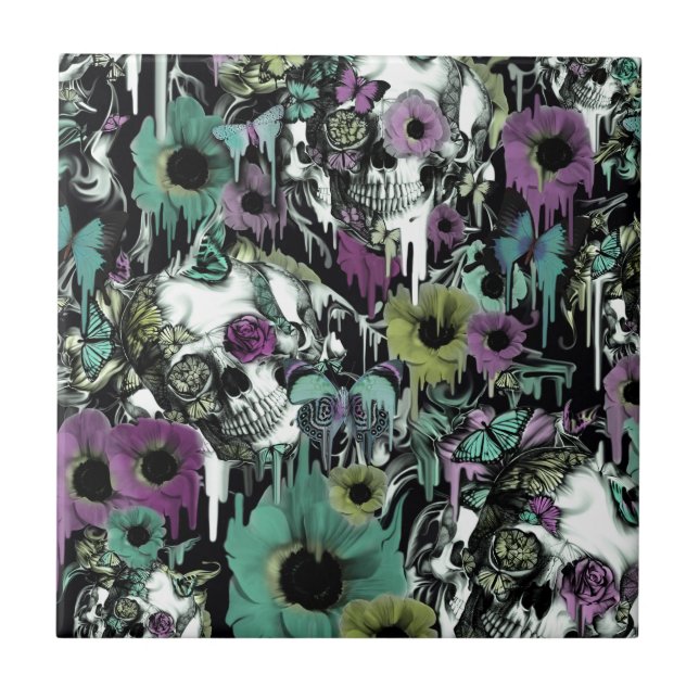 Mrs. Sandman, floral skull pattern Ceramic Tile (Front)