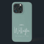 Mrs Script Green Custom Bride Name Newlywed  iPhone 13 Pro Case<br><div class="desc">Get ready for your new life as a wife with this phone case in turquoise: modern calligraphy script in white for "Mrs" and your custom text for name and wedding date. Buy one for yourself (congrats btw!) or as a great gift for a newlywed bride!</div>
