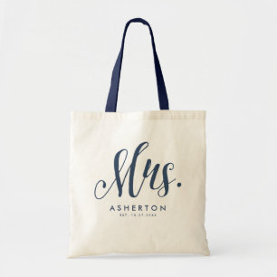 Mrs. script navy blue newlywed bride tote bag