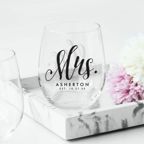 Mrs script personalized newlywed bride stemless wine glass