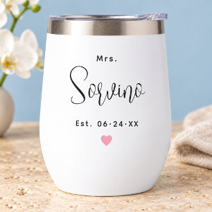 Mrs Script Wedding Date Custom Last Name Thermal Wine Tumbler