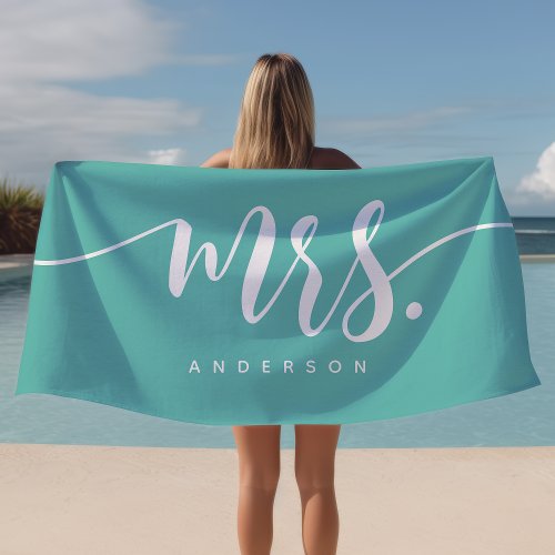 Mrs Teal And White Newlywed Bride Personalized Beach Towel