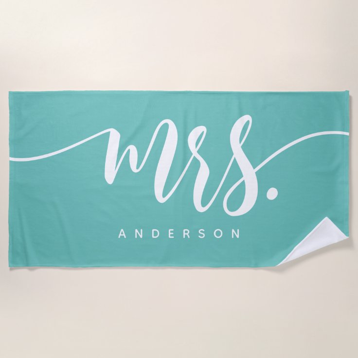 Mrs Teal And White Newlywed Bride Personalized Beach Towel | Zazzle