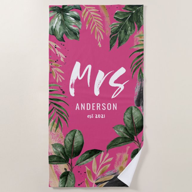 Mrs tropical botanical girly pink typography beach towel (Front)