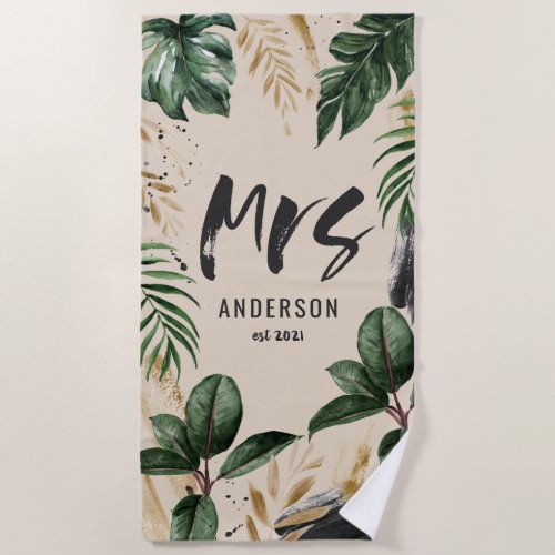 Mrs tropical botanical green black typography  beach towel