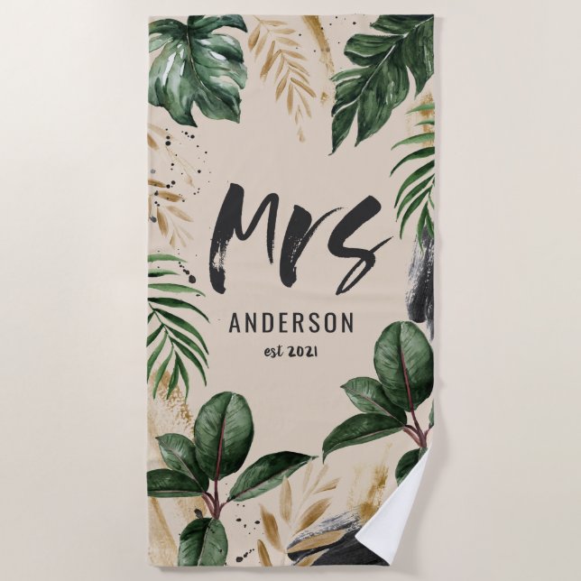 Mrs tropical botanical green black typography  beach towel (Front)