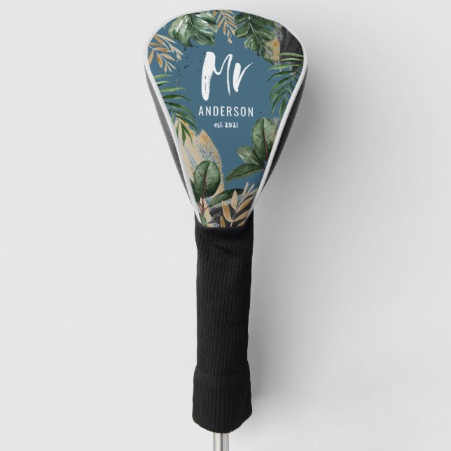 Mrs tropical botanical petrol blue typography golf head cover (Front)
