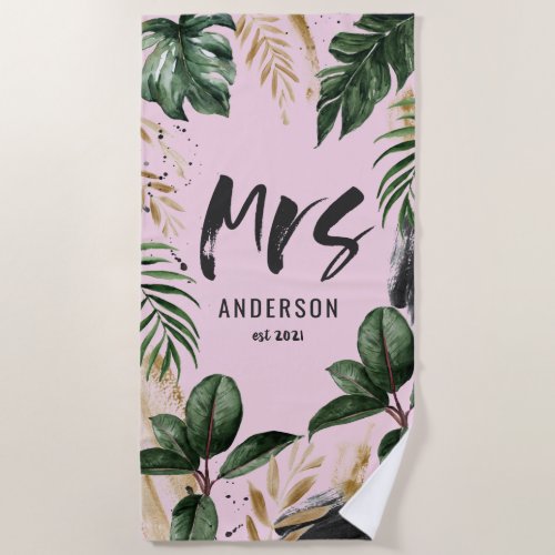 Mrs tropical botanical pink girly chic typography beach towel