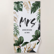 Mrs tropical leaf &amp; typography beach towel