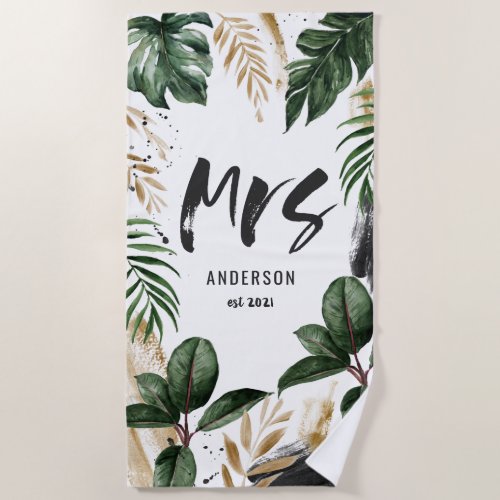 Mrs tropical leaf  typography beach towel