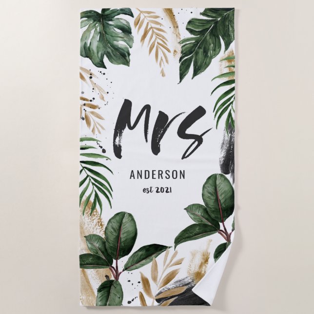 Mrs tropical leaf & typography beach towel (Front)