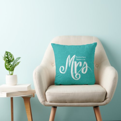 Mrs Turquoise Damask Wedding Pillow