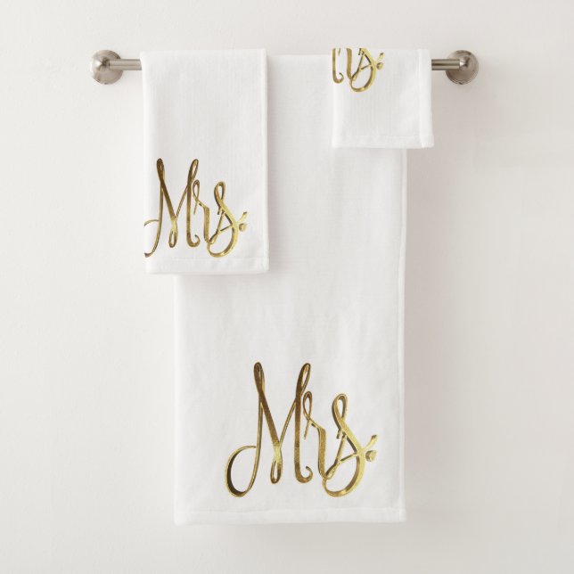 Mrs. White and Gold Look Elegant Typography Bath Towel Set (Insitu)