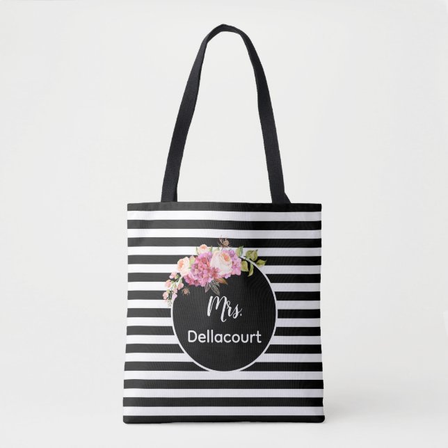 Mrs. with Black & White Stripes and Flowers Custom Tote Bag (Front)