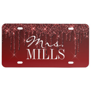 Mrs. You Drip Glitter Wine Burgundy License Plate