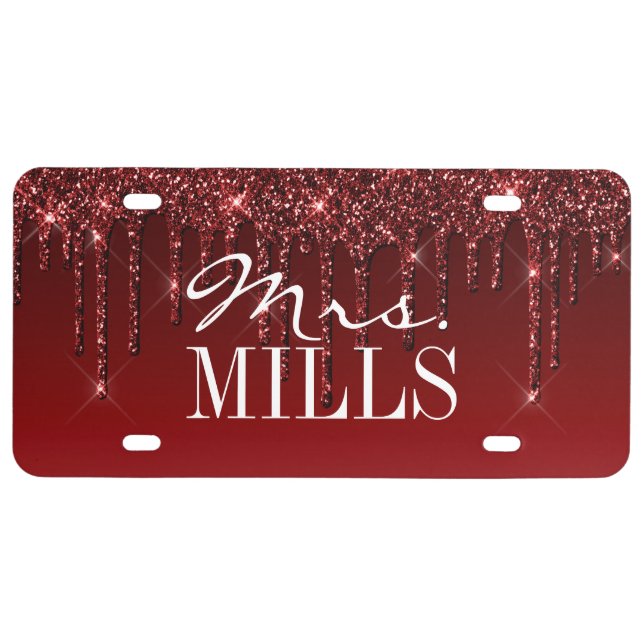 Mrs. You Drip Glitter Wine Burgundy License Plate (Front)