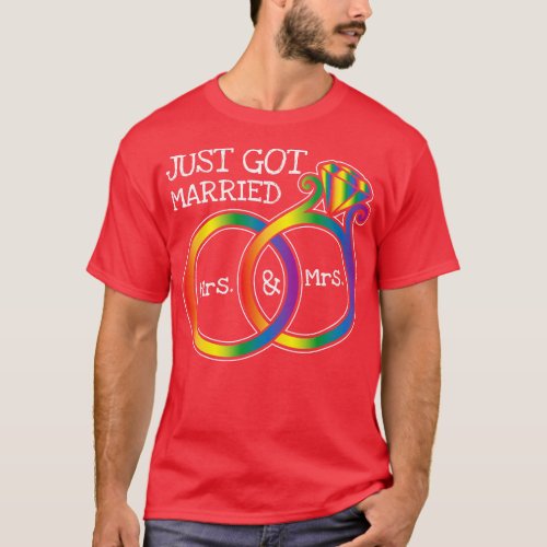 mrsmrs Just Married Gay Wedding Rainbow LGBT Rings T_Shirt