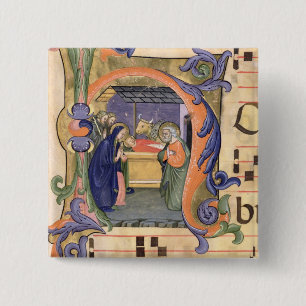 Ms 571 f.6r Historiated initial 'H' depicting the Pinback Button