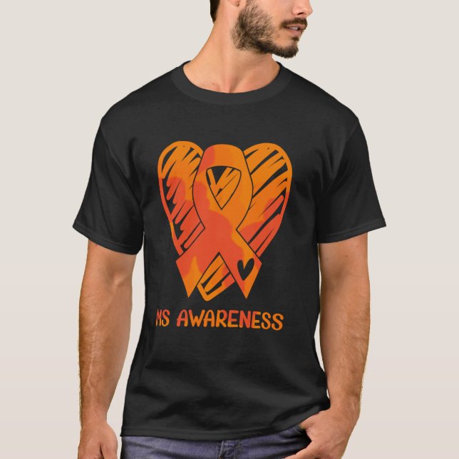 MS Awareness Orange Ribbon Heart Symbol Ribbon Hea T-Shirt (Front)