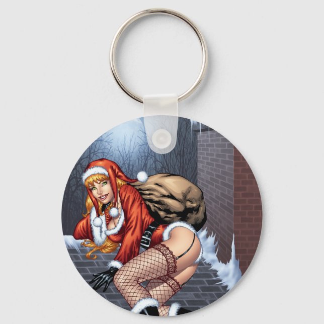 Ms Claus On The Rooftop Delivering Santas Presents Keychain (Front)