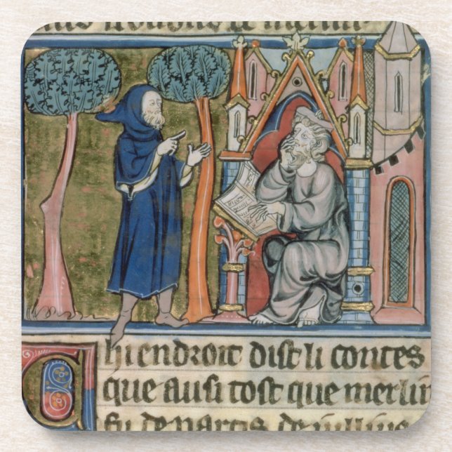 Ms Fr. 95 f.268 Merlin dictates the story to Blais Drink Coaster (Front)