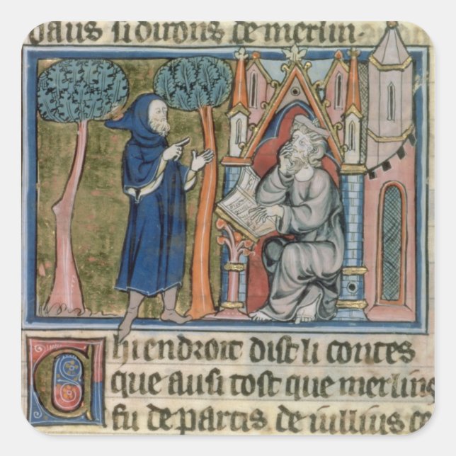 Ms Fr. 95 f.268 Merlin dictates the story to Blais Square Sticker (Front)