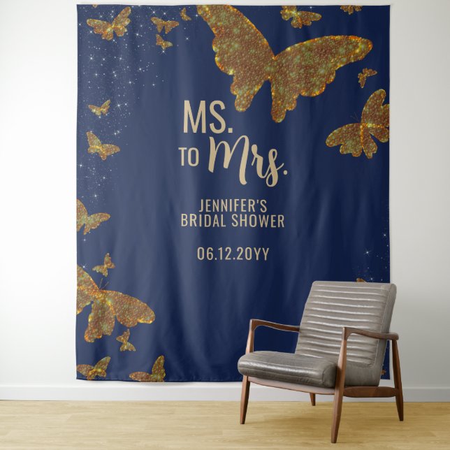 Ms Mrs Boho Gold Butterfly Navy Bridal Backdrop (In Situ)