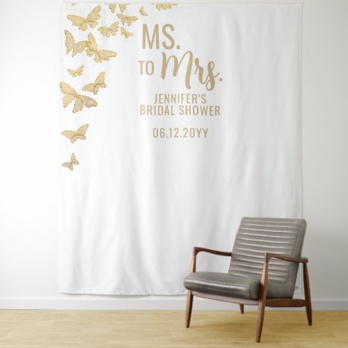 Ms Mrs Gold Butterflies Chic White Bridal Backdrop