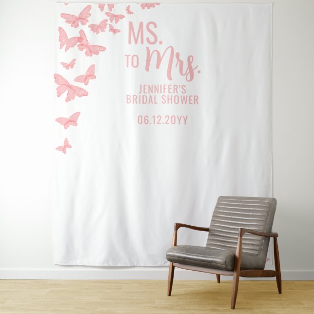 Ms Mrs Pink Butterfly Chic White Bridal Backdrop (In Situ)