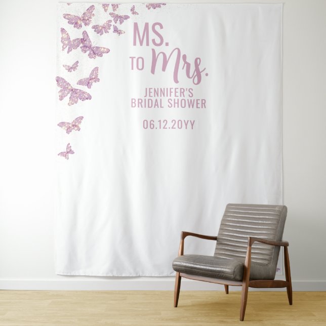 Ms Mrs Purple Gold Butterfly White Bridal Backdrop (In Situ)