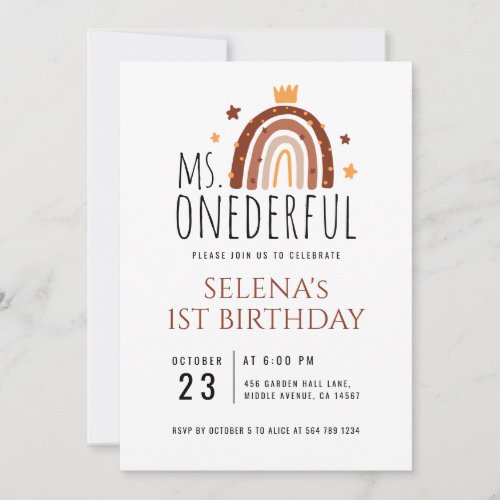 MS Onederful Terracotta Rainbow 1st Birthday  Invitation