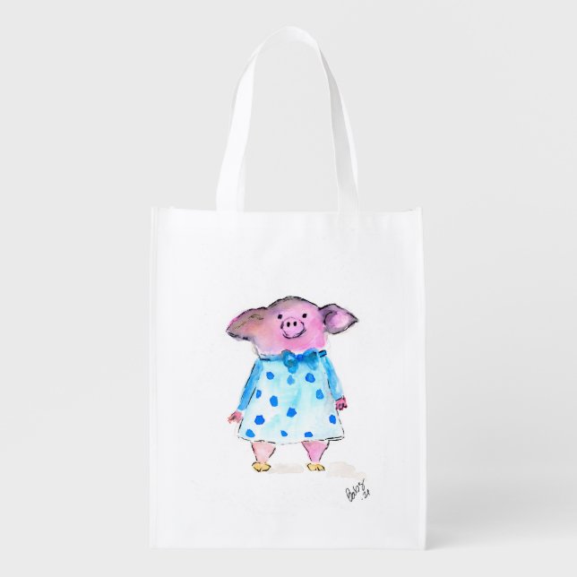 Ms. Pig in the fancy dress recycled tote (Front)