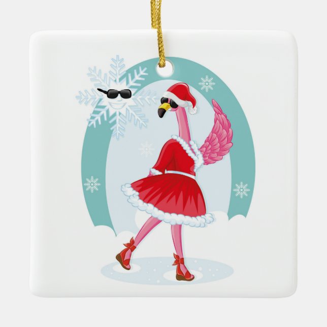 Ms. Santa Claus Flamingo Ceramic Ornament (Front)