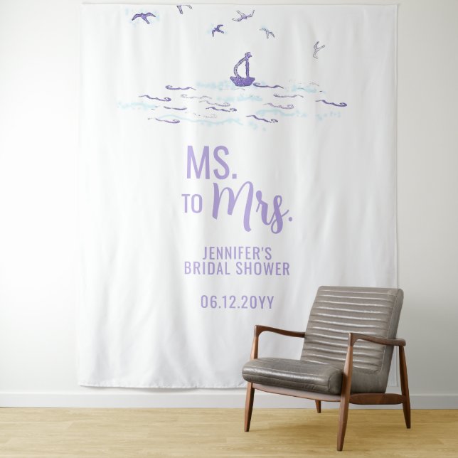 Ms to Mrs Beach Boat Waves Blue Bridal Backdrop (In Situ)