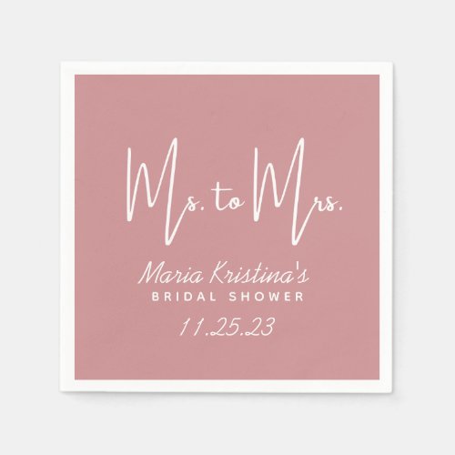 Ms to Mrs Bridal Shower Puce Pink Calligraphy Napkins