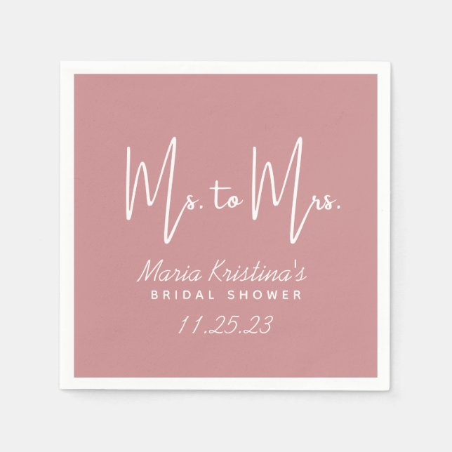 Ms. to Mrs. Bridal Shower Puce Pink Calligraphy Napkins (Front)