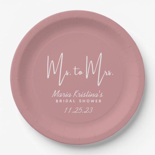 Ms to Mrs Bridal Shower Puce Pink Calligraphy Paper Plates