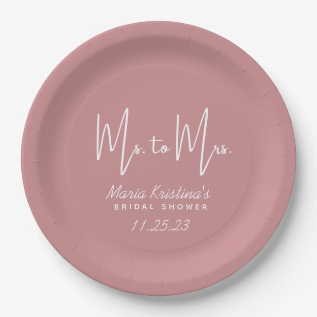 Ms. to Mrs. Bridal Shower Puce Pink Calligraphy Paper Plates (Front)