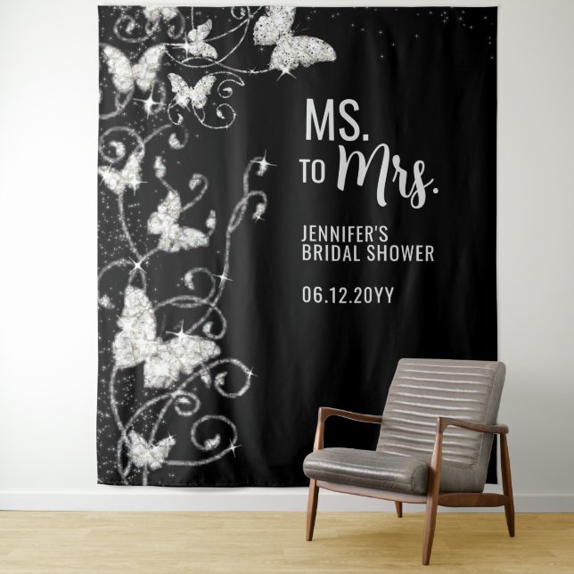 Ms to Mrs Butterflies Black Bridal Shower Backdrop (In Situ)