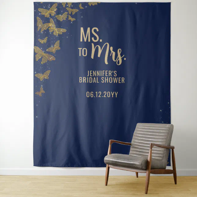 Backdrop Ms Ms to Mrs Gold Butterfly Navy Bridal Backdrop | Zazzle