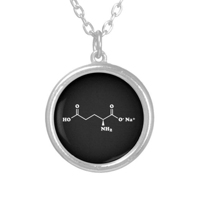 MSG Monosodium Glutamate Molecule Chemical Formula Silver Plated Necklace (Front)