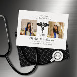 MSN Two Photo Nursing White Black Insignia<br><div class="desc">These professional 5" x 7" Master of Science in Nursing announcements feature a white medical insignia (Caduceus Rod-of Asclepius)
in the center with placeholders for two of your favorite photos on an white background with black lettering.</div>