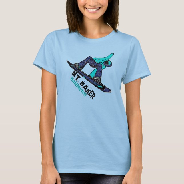 Mt. Baker Washington teal snowboard ladies tee (Front)