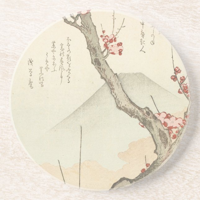 Mt. Fuji Behind a Blossoming Plum Tree Sandstone Coaster (Front)